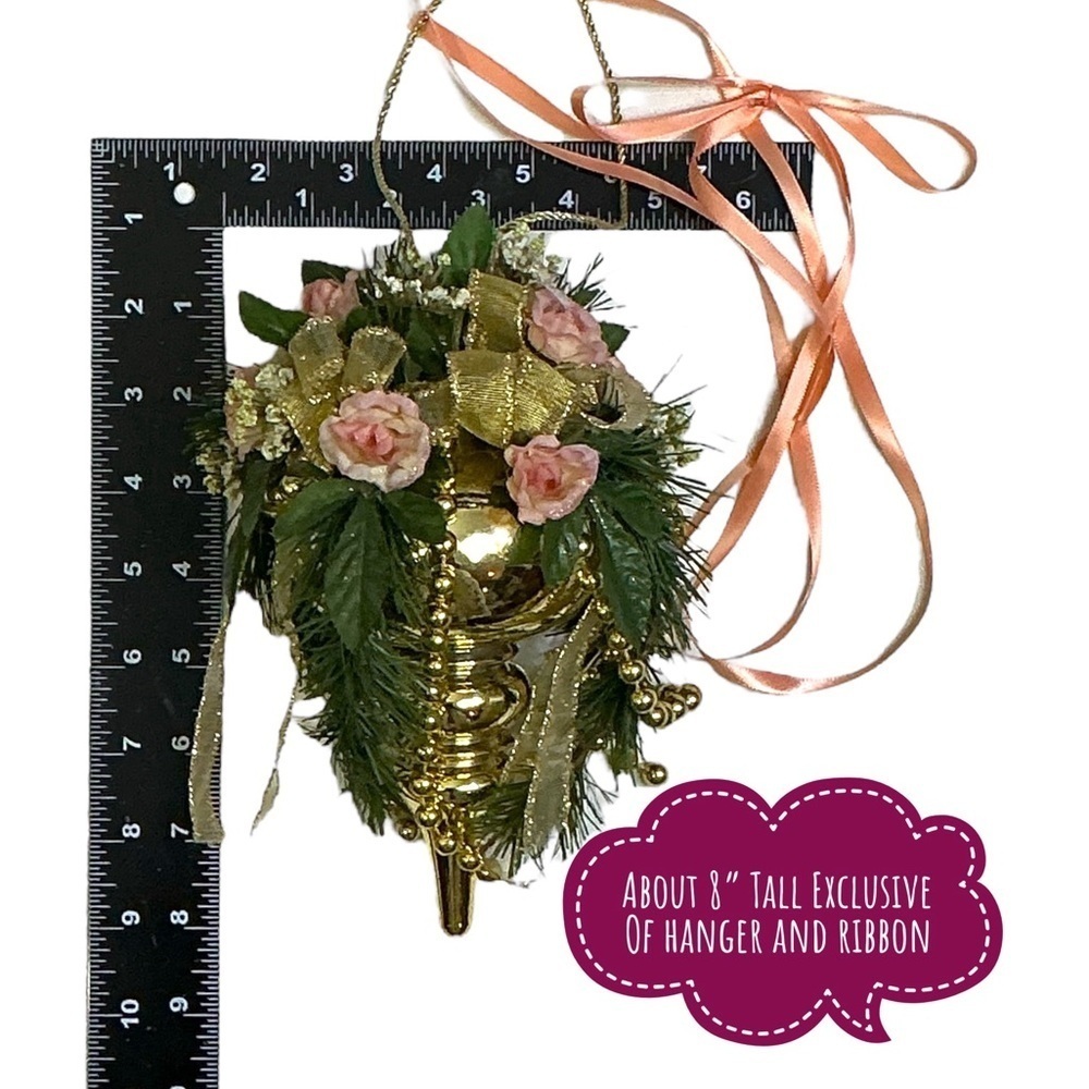 Floral Hanging Ornament Hand Crafted Pink Coral Rose Gold Accent Vintage 1990 8” - Picture 4 of 15